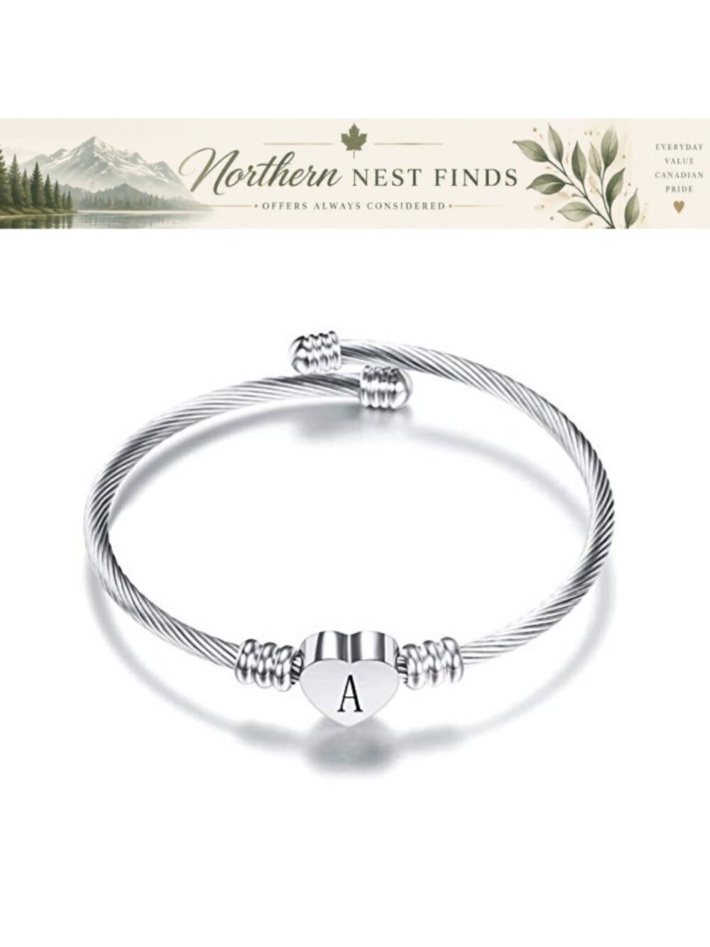 Initial Letter Bracelet Heart Charm Expandable Stainless Steel Cuff Bangle